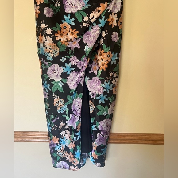 Lulu’s Cute Pursuit Black Floral Satin Cowl Neck Tulip Midi Dress - Picture 8 of 14